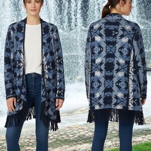 Lucky Brand NWT Blue Geometric Tribal Fringe Open Front Cardigan Sweater Small